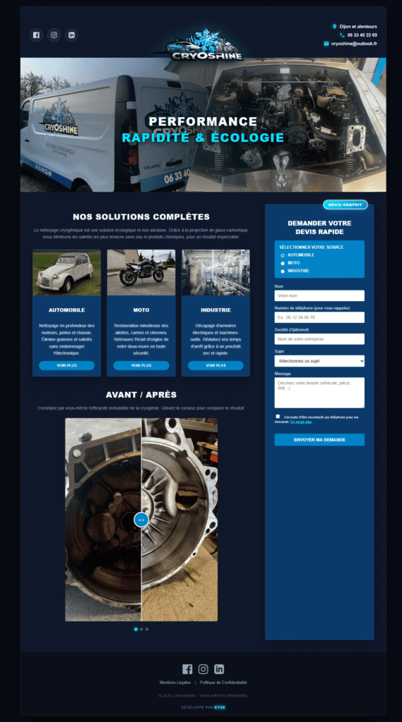 Création de site internet pour : Cryoshine par l'agence XYSE